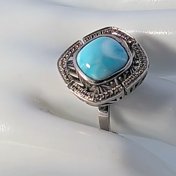 Marahlago Larimar Rhodium Plated Silver Ring Cushion-Cut Stone & Topaz - Picture 1 of 13